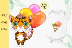 Cute cartoon tiger with balloons, greeting card, Year 2022 Product Image 1