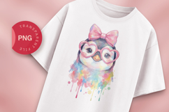 Cute Penguin Watercolor PNG, Rainbow Penguin with Glasses Product Image 1