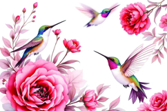 Watercolor Hummingbirds with Pink Roses Floral Background Product Image 1