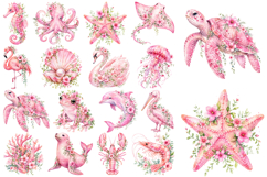 Pink Floral Sea Life Watercolor PNG, Ocean Animals Clipart Product Image 1