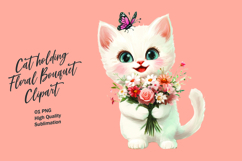 Cat holding floral bouquet watercolor clipart Product Image 1