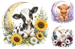 Cute Baby Cow Floral Crescent Moon Watercolor Clipart Bundle Product Image 1