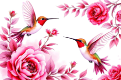 Watercolor Hummingbirds with Pink Roses Floral Background Product Image 1