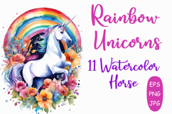 Set of 11 Unicorns in Flowers Watercolor Vector Product Image 1