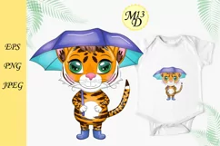 Cute cartoon tiger with an umbrella, autumn. New Year 2022 Product Image 1