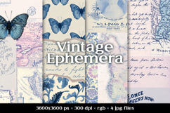 Blue Vintage Scrapbook Papers, Old Ephemera Digital Paper Product Image 1