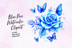 Blue rose with butterfly watercolor clipart sublimation Product Image 1