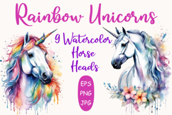 Set of 9 Unicorns in Flowers Watercolor Vector Product Image 1