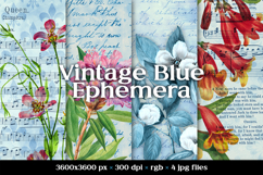 Vintage Blue Floral Ephemera Digital Scrapbook Papers Product Image 1