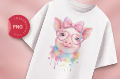 Cute Pig Watercolor PNG, Rainbow Piglet with Glasses Product Image 1