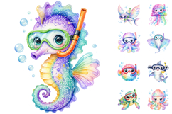 Snorkeling Ocean Animals Clipart, Watercolor Sea Life PNG Product Image 1