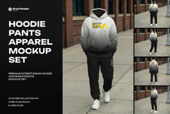 5 Walking Pose Hoodie Pants Apparel Mockup Set. Generated AI Product Image 1