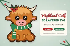 Christmas Highland Calf 3D Layered SVG Paper Cut Craft Product Image 1