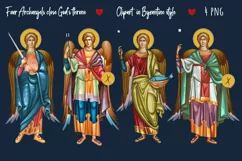 Four Archangels close God's throne. Four cardinal points. Archangel Gabriel, Uriel, Raphael and Michael. Traditional illustration in Byzantine style.