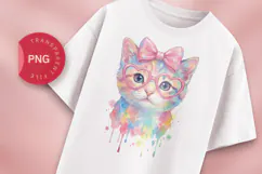 Cute Watercolor Cat with Pink Bow & Glasses PNG Product Image 1