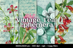 Vintage Teal Floral Ephemera Digital Scrapbook Papers Product Image 1