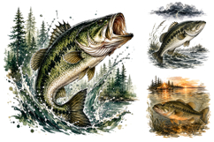 Bass Fishing Sublimation PNG Bundle, Watercolor Lake Clipart Product Image 1