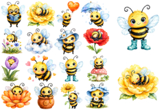 Watercolor Whimsical Bumblebee Clipart PNG Bundle Product Image 1