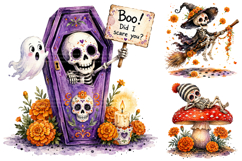 Watercolor Day Of The Dead Skeletons PNG Product Image 1