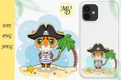 Cute tiger pirate with beautiful eyes and island, palm trees Product Image 2