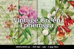 Vintage Green Floral Ephemera Digital Scrapbook Papers Product Image 1