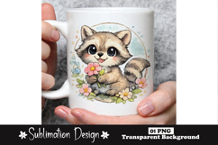 Cute Raccoon Holding Flowers Watercolor Animal Sublimation Product Image 1