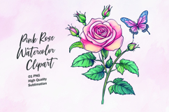 Pink rose with butterfly watercolor clipart sublimation Product Image 1