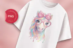 Cute Horse Watercolor PNG, Rainbow Pony with Glasses Product Image 1