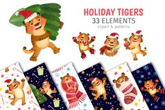 Santa Tiger, Christmas Watercolor Clipart &amp; Seamless Pattern Product Image 1