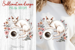 Coffee &amp; cat in flowers sublimation design| Cute cat clipart Product Image 1