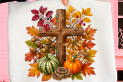 Rustic Autumn Cross &amp; Pumpkins Png Product Image 1