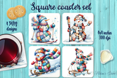 Patchwork snowman snowboard square coaster sublimation png Product Image 1