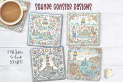 Pastel ocean lighthouse folk tile pattern square coaster pn Product Image 1