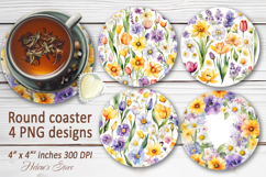 Watercolor Flowers sublimation round coasters |Floral coaste Product Image 1