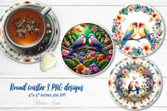 Cute birds in floral frame round coaster sublimation designs Product Image 1