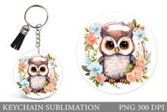 Cute Owl Keychain Design. Owl Flowers Round Keychain Product Image 1