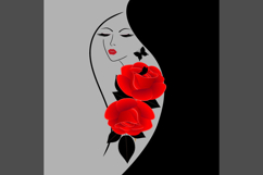Portrait of a girl with red roses on a gray background with a black stripe.