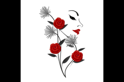 A bouquet of roses with a silhouette of a girls face on a white background.