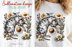 Coffee &amp; cat in flowers sublimation design| Cute cat clipart Product Image 1
