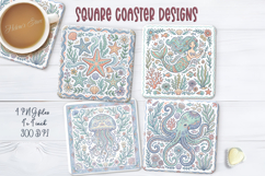 Pastel Ocean retro folk tile pattern square coasters png Product Image 1