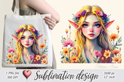 Cute watercolor girl elf flowers summer sublimation design Product Image 1