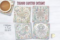 Pastel Ocean retro folk tile pattern square coasters png Product Image 1
