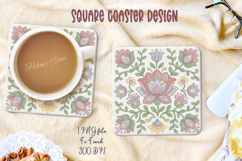 Pastel floral retro folk tile pattern square coaster designs Product Image 1