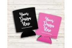 Double Can Coolers Mockup, Black Pink Can Holder Flat Lay Product Image 1