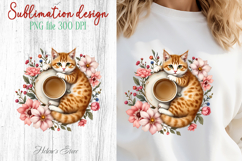 Coffee &amp; cat in flowers sublimation design| Cute cat clipart Product Image 1