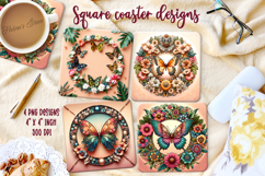 Fantasy butterfly on floral frame square coaster design png Product Image 1