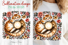 Coffee &amp; cat in flowers sublimation design| Cute cat clipart Product Image 1