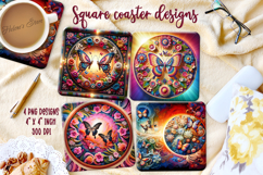 Fantasy butterfly on floral frame square coaster design png Product Image 1