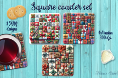 Patchwork gift box Christmas square coasters sublimation png Product Image 1