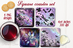 Lilac flowers tropical leaves silhouette square coaster png Product Image 1